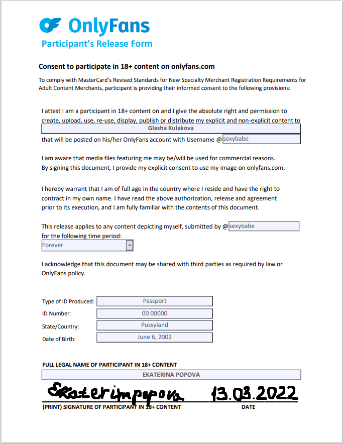 Participant's Release Form for OnlyFans, Fansly and other adult sites